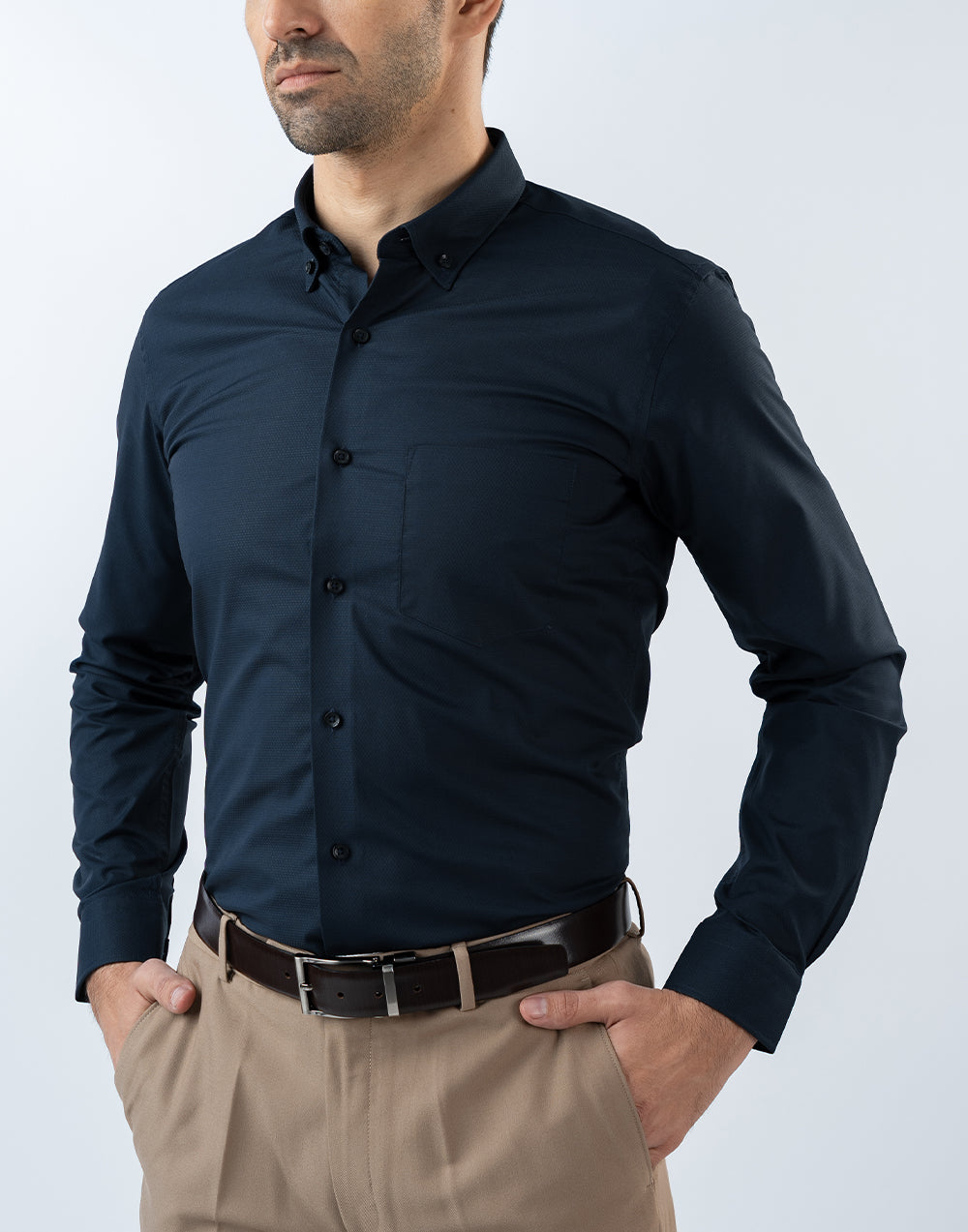 Mens Long Sleeve Dark Blue Dobby Evening Wear Shirt