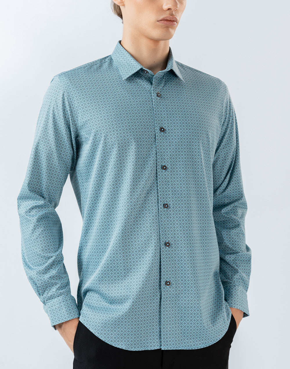 Mens Long Sleeve Stretch Blue Printed Shirt