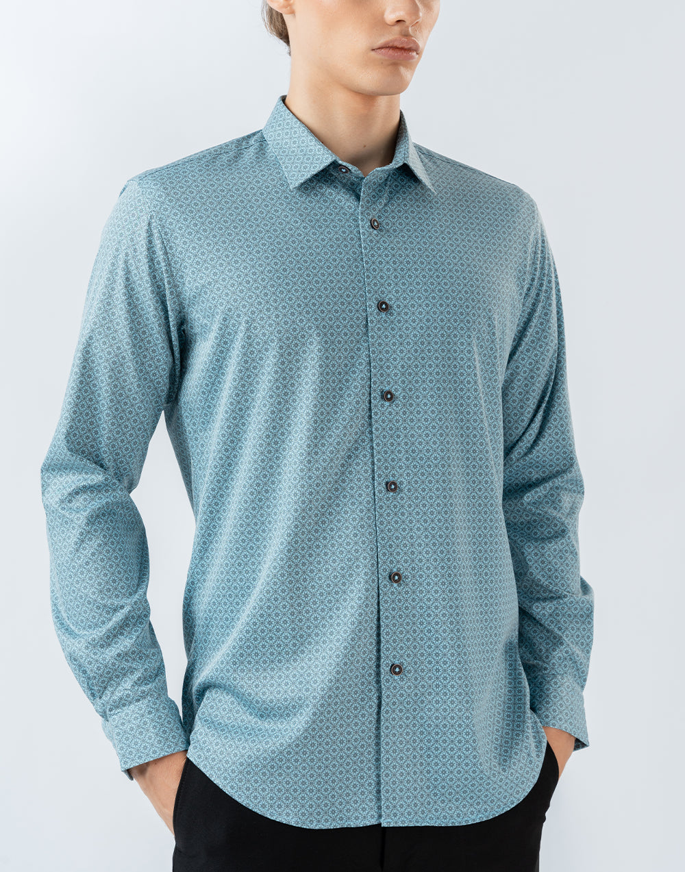 Mens Long Sleeve Stretch Blue Printed Shirt