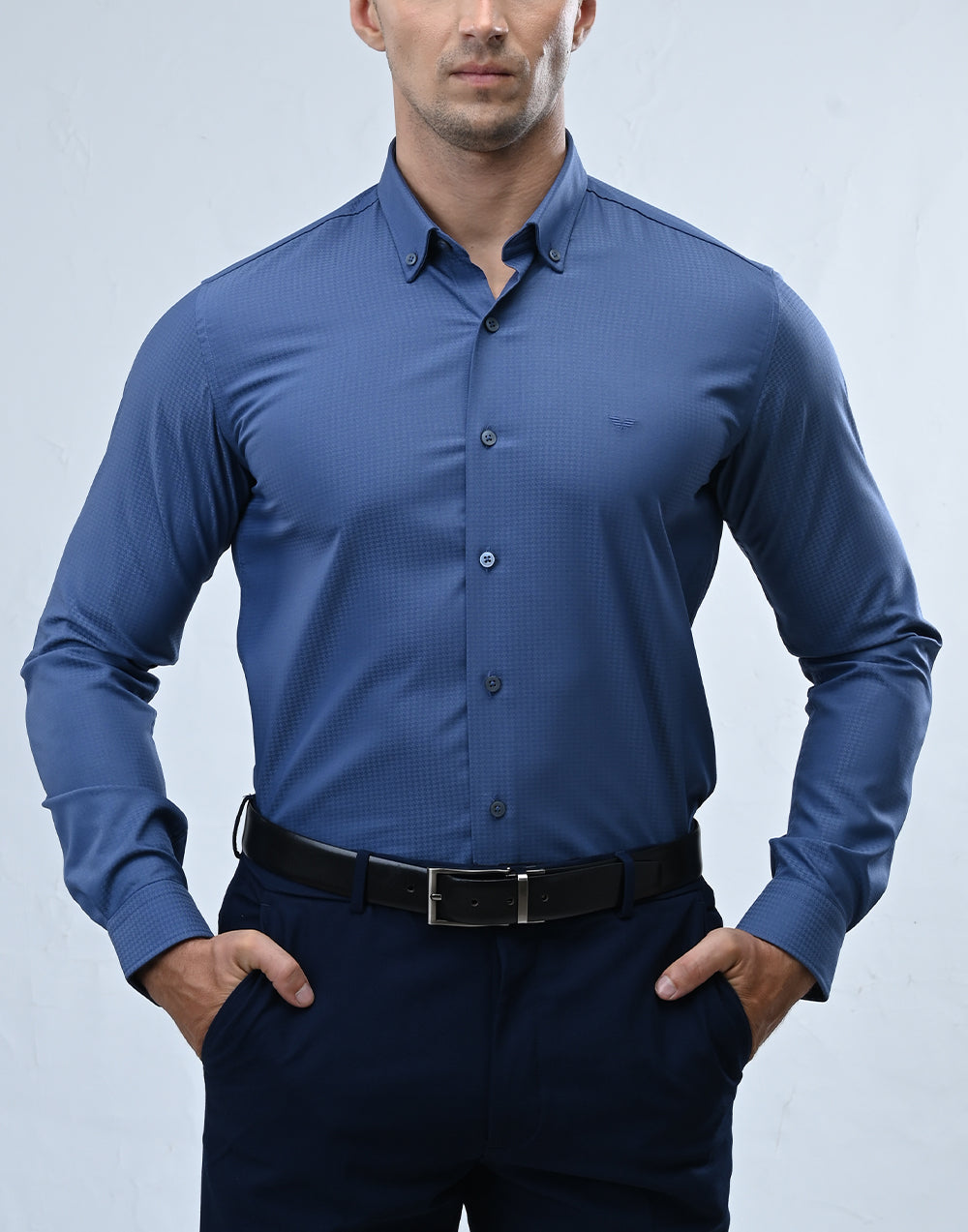 Vantage Blue Bamboo Stretch Fabric Slim Fit Long Sleeve Mens Shirt