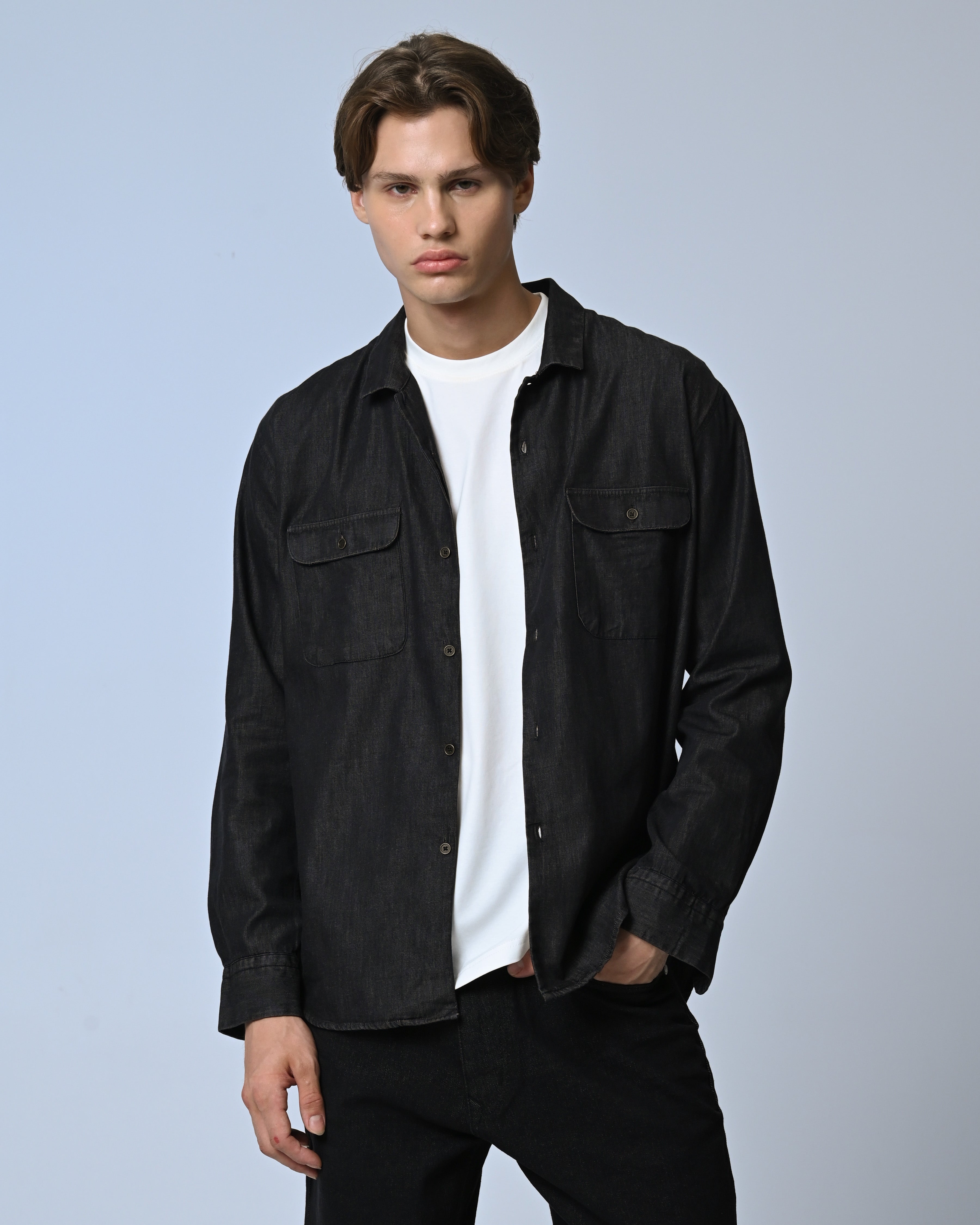 Vantage Casual  Relax Fit Long Sleeve Denim Flap Double Pocket Men's Shirt