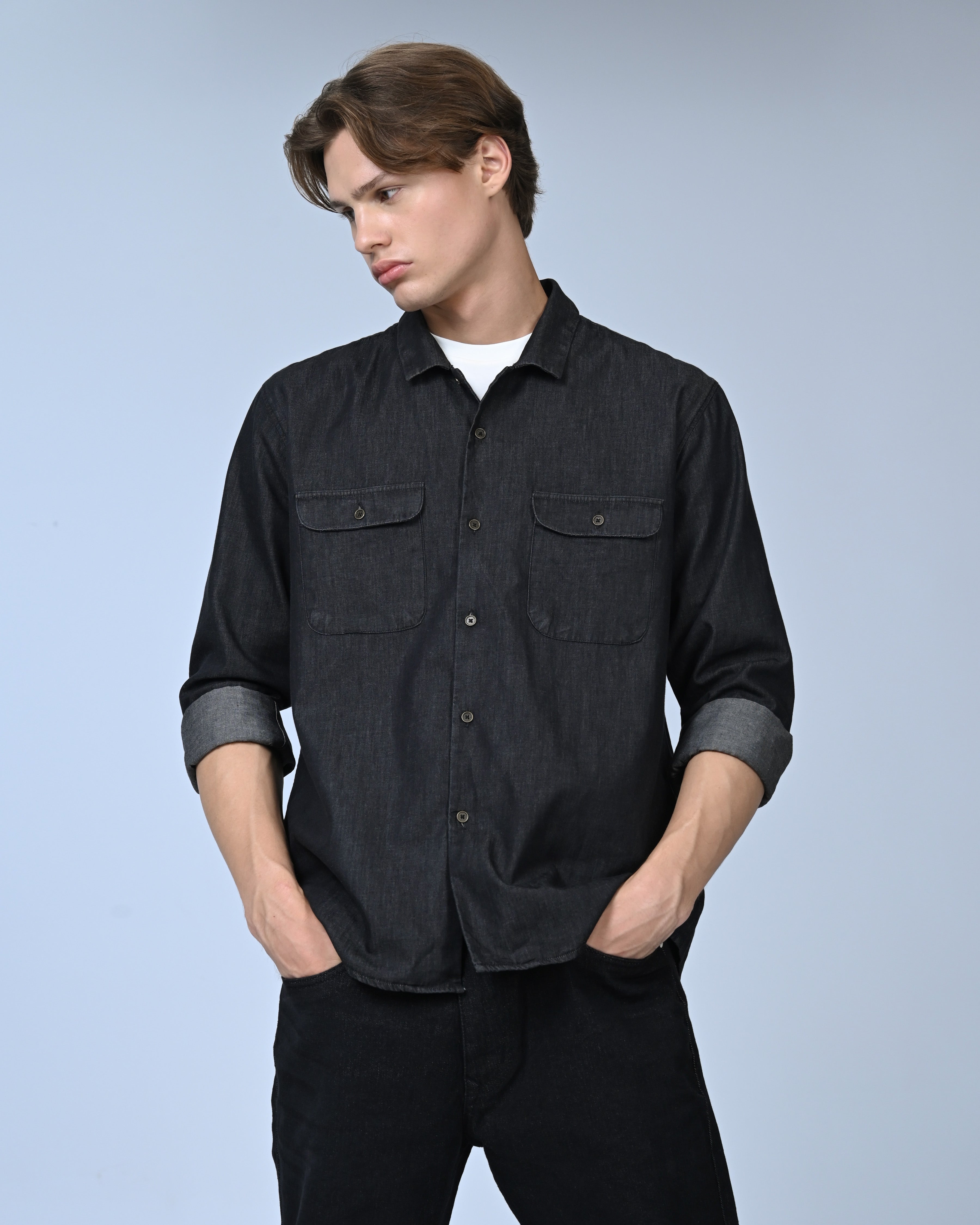 Vantage Casual  Relax Fit Long Sleeve Denim Flap Double Pocket Men's Shirt