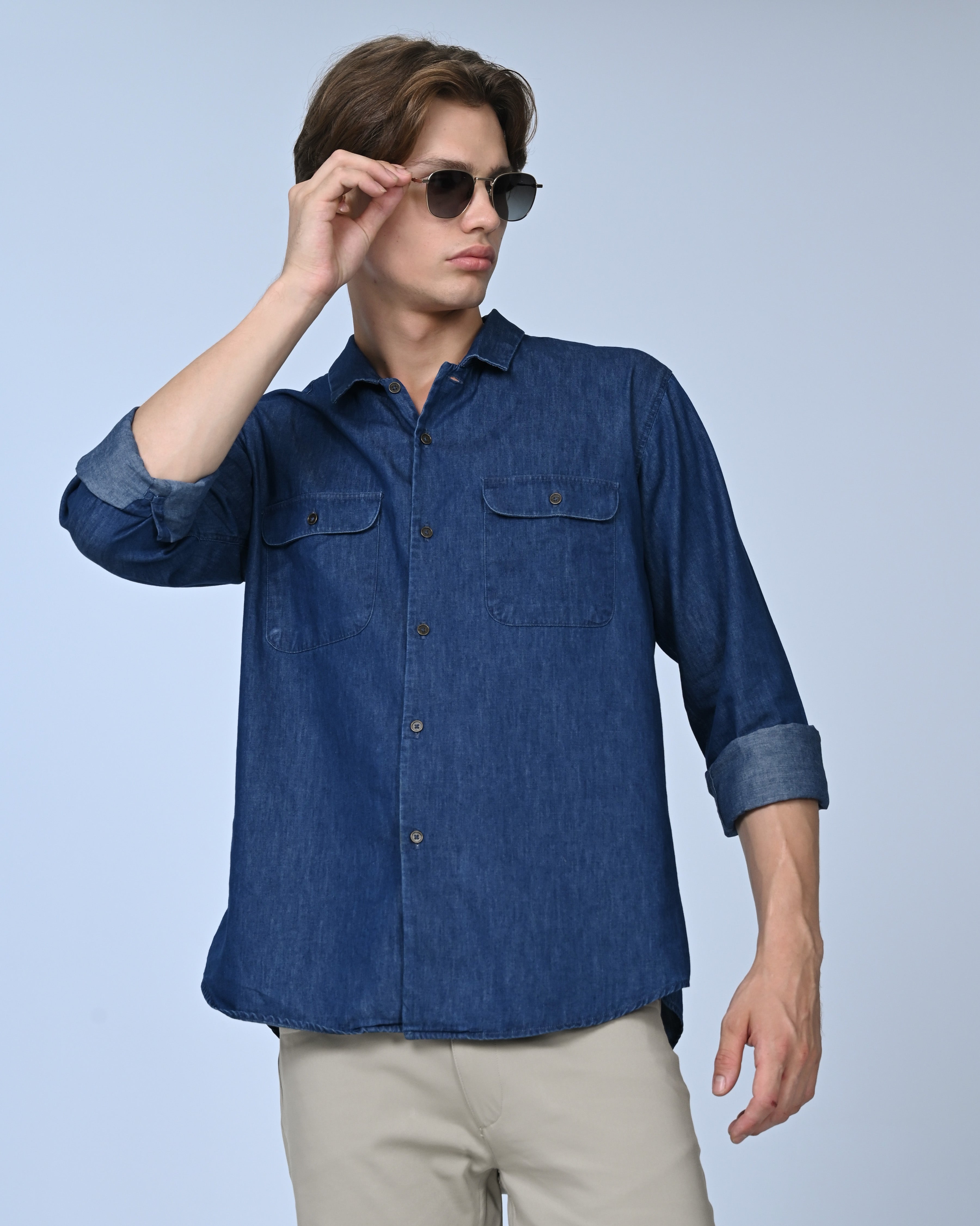 Vantage Casual  Relax Fit Long Sleeve Denim Flap Double Pocket Men's Shirt