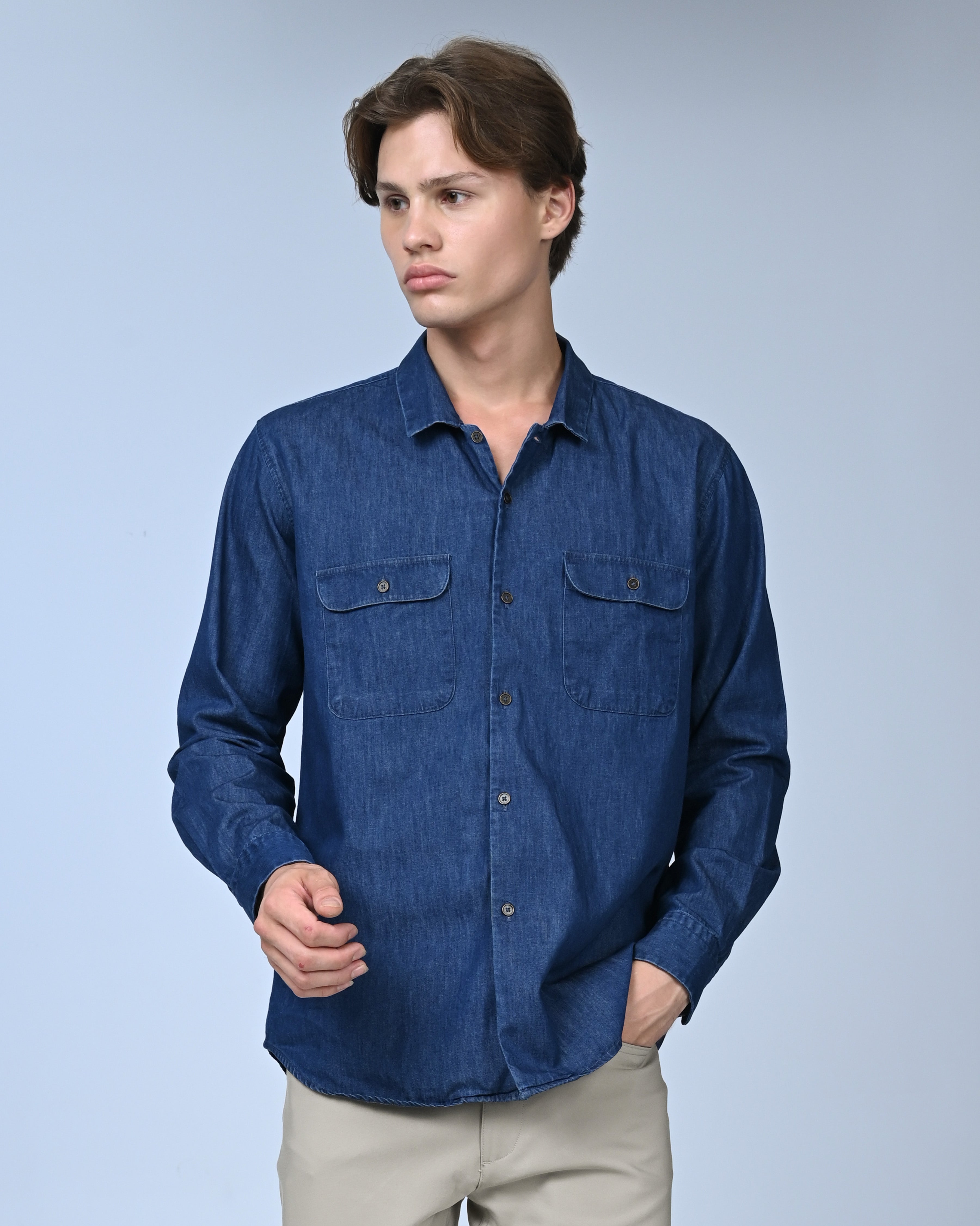 Vantage Casual  Relax Fit Long Sleeve Denim Flap Double Pocket Men's Shirt