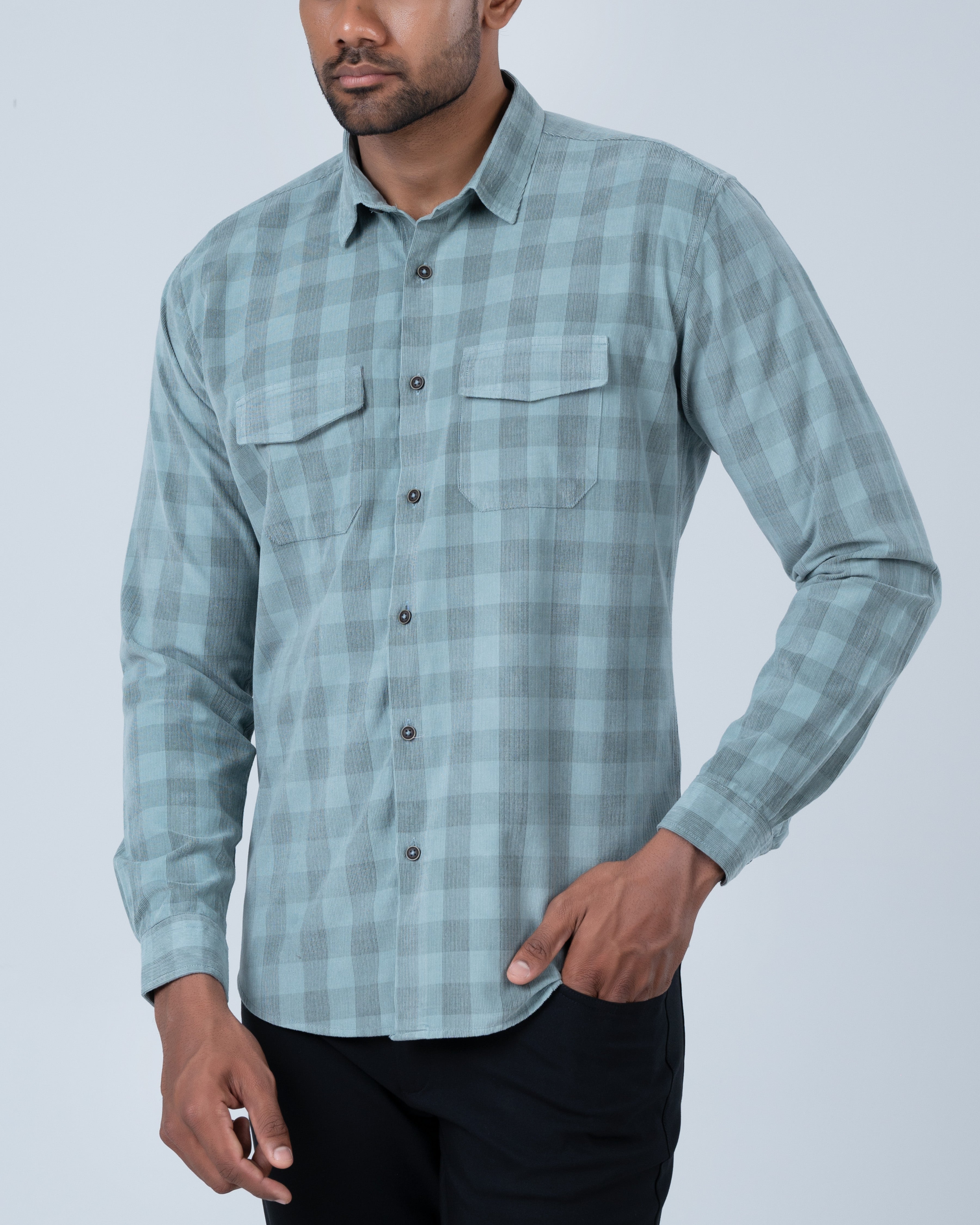 Vantage Casual Slim Fit Long Sleeve Cotton Rich Corduroy Double Pocket Men’s Shirt