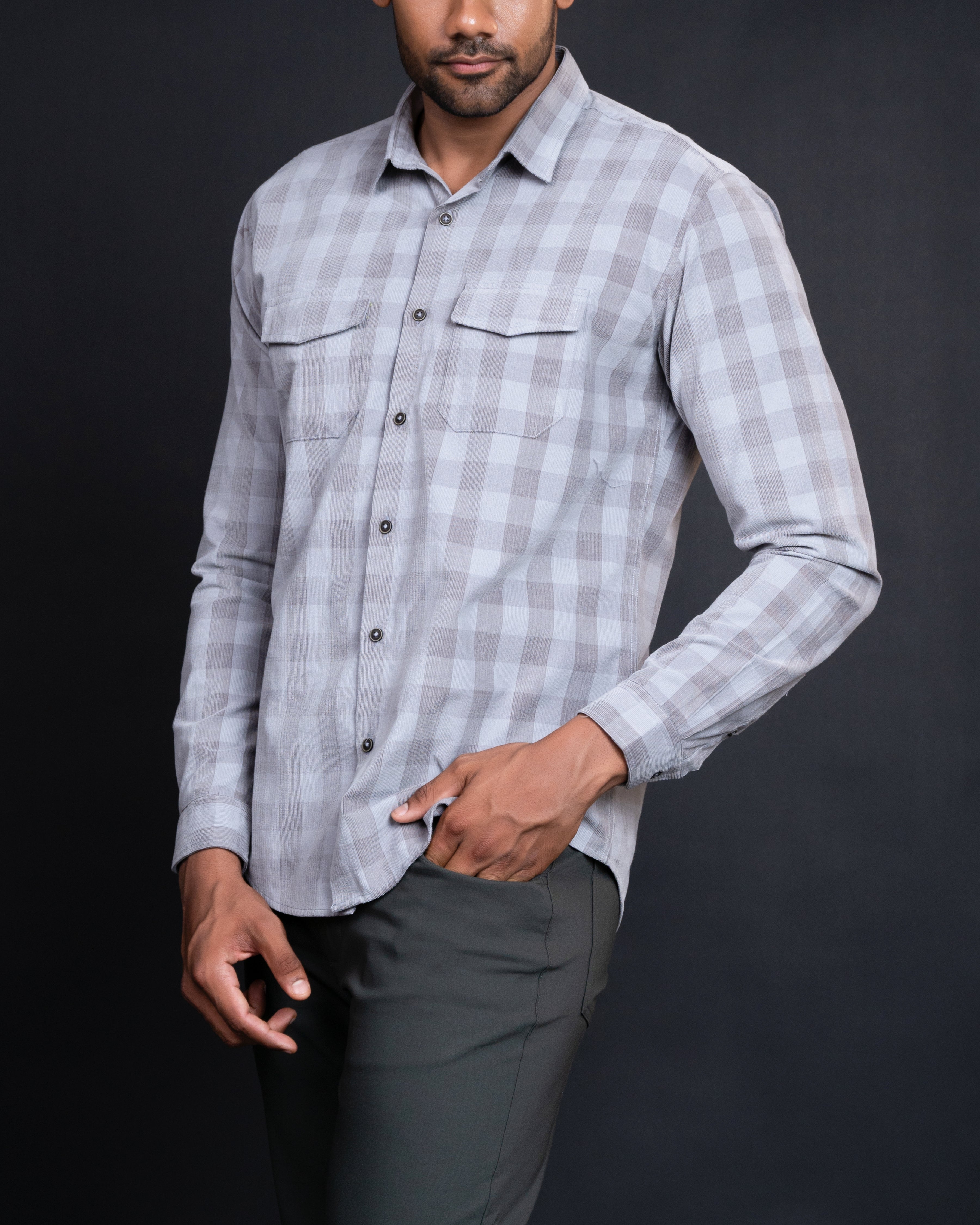 Vantage Casual Slim Fit Long Sleeve Cotton Rich Corduroy Double Pocket Men’s Shirt