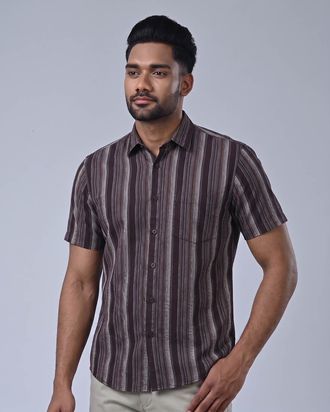 Vantage Casual 100% Cotton Relax Fit Short Sleeve Stripe Men's Shirt
