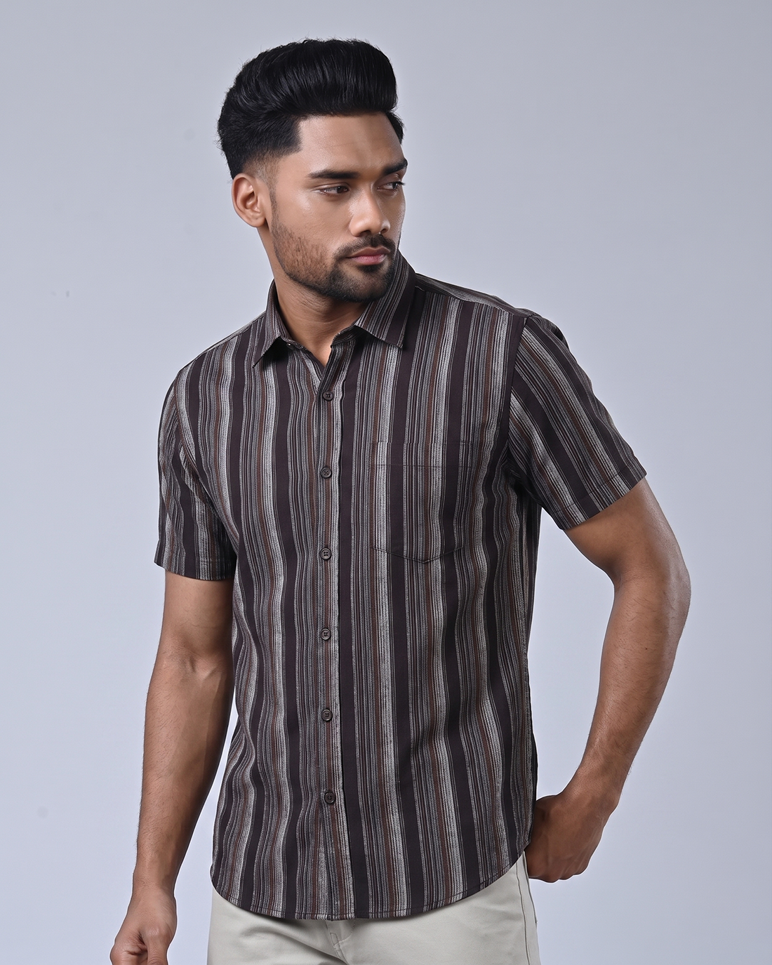 Vantage Casual 100% Cotton Relax Fit Short Sleeve Stripe Men's Shirt