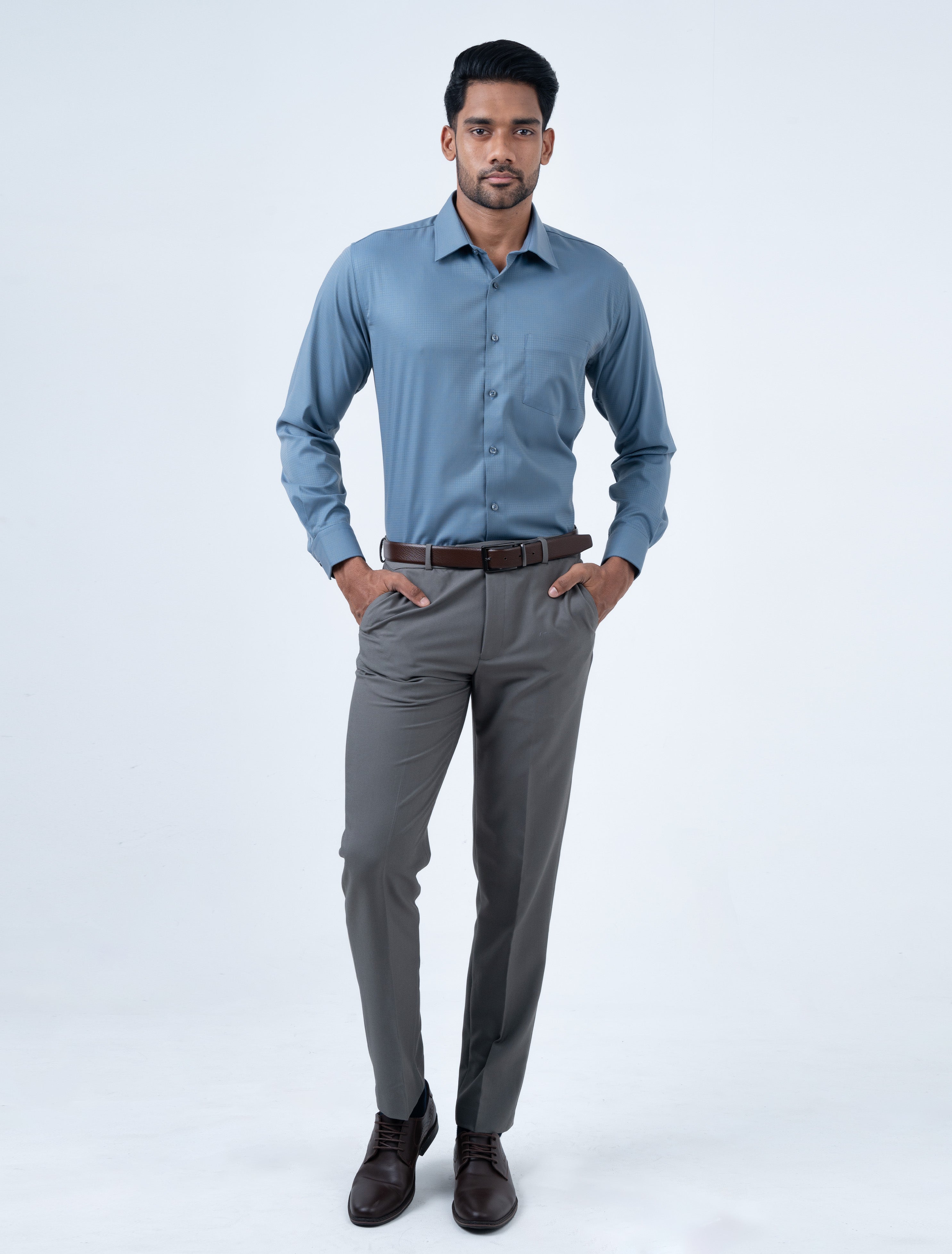 Vantage Blue Regular Fit Long Sleeve Bamboo Dobby  Men’s Shirt