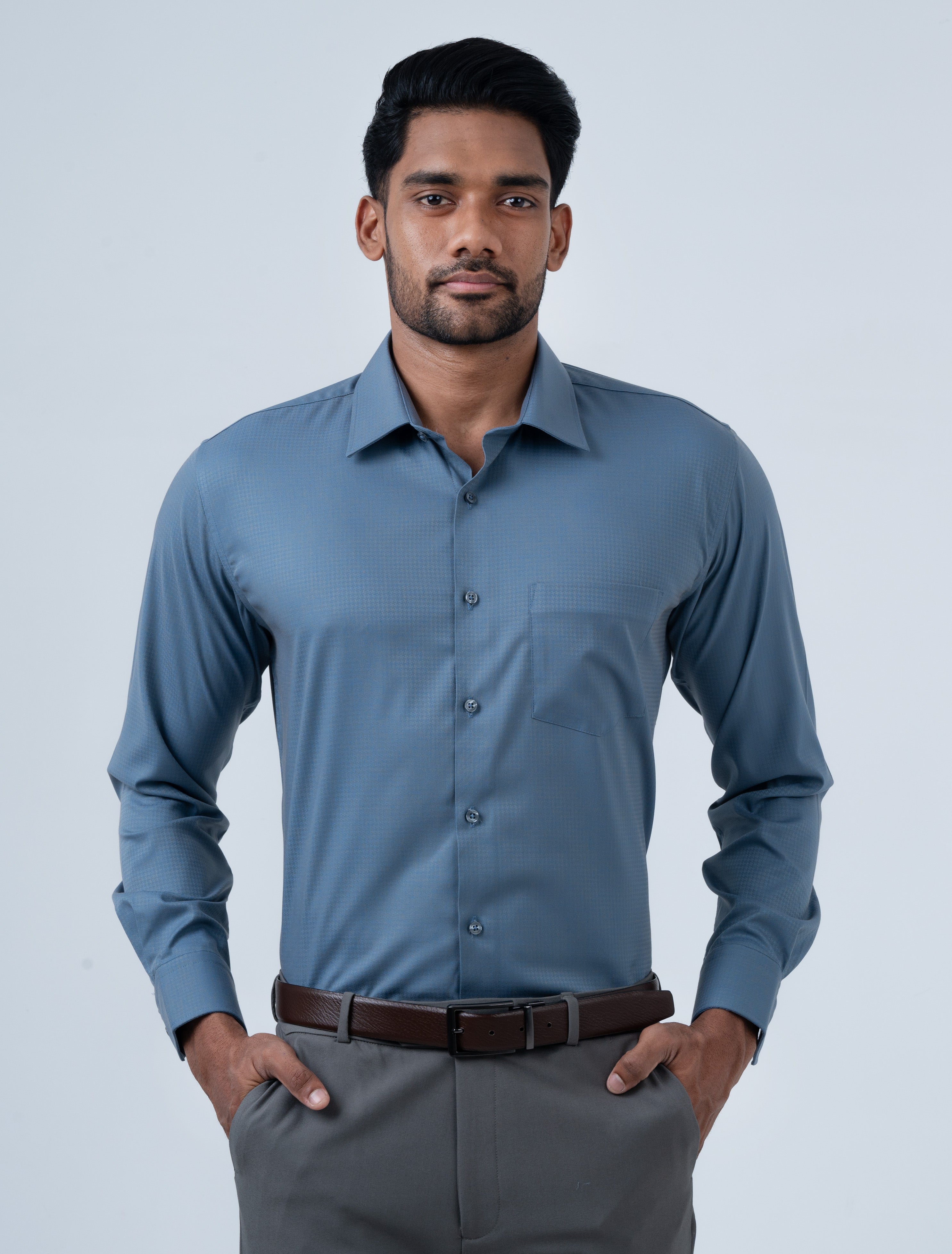 Vantage Blue Regular Fit Long Sleeve Bamboo Dobby  Men’s Shirt