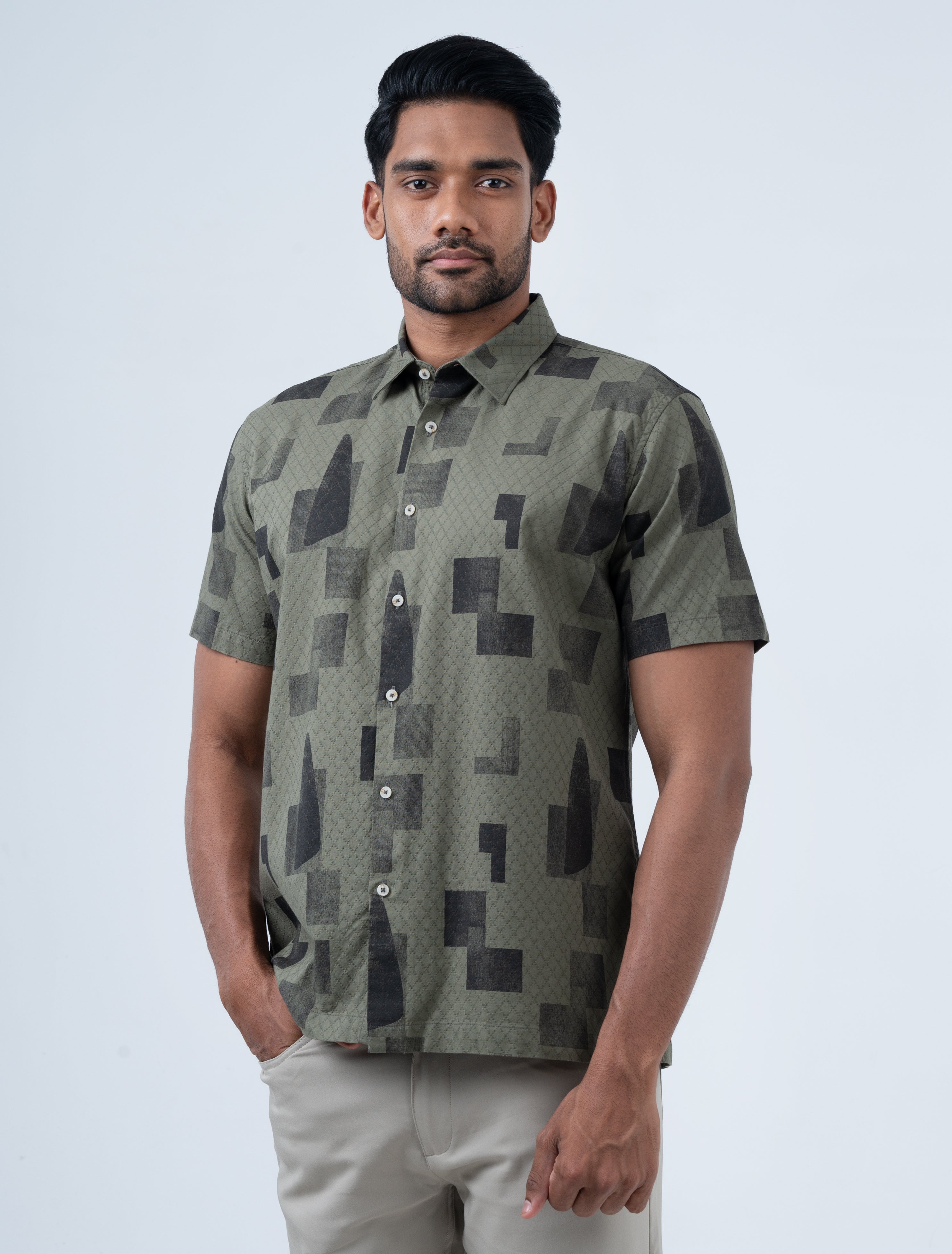 Vantage Men's Casual Regular Fit Short Sleeve 100% Cotton Dobby Printed Shirt
