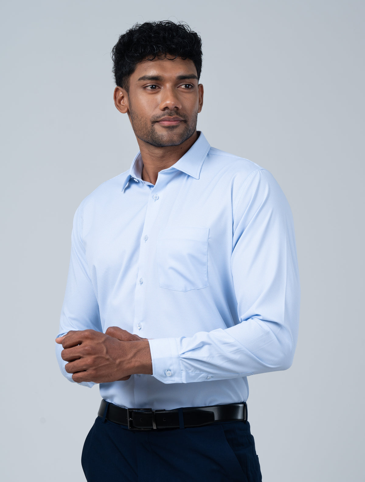Vantage Blue Premium Bamboo Dobby Stretch Fabric Men’s Shirt – Slim Fit Long Sleeve