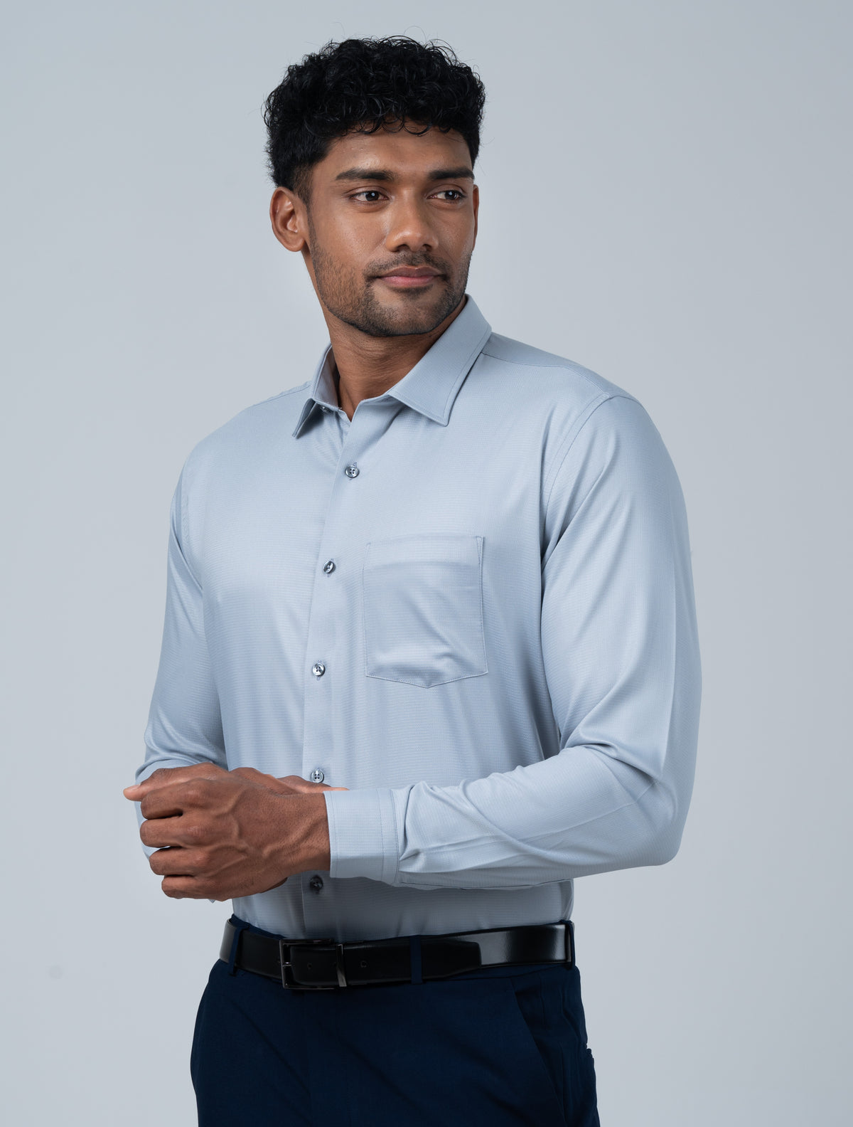 Vantage Blue Premium Bamboo Dobby Stretch Fabric Men’s Shirt – Slim Fit Long Sleeve