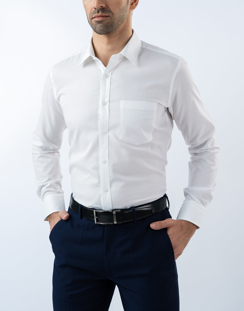 Vantage Uber Mens Long Sleeve White dobby Shirt